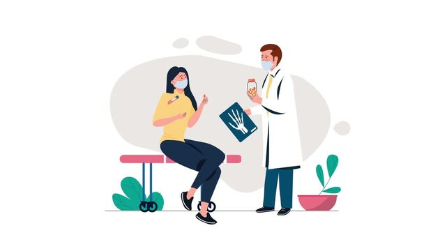 Animated masked doctor consulting patient with x-ray and medicine