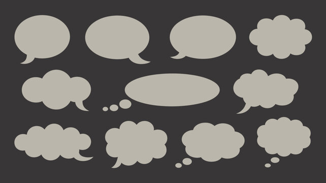 A collection of gray speech bubbles and thought clouds are arranged against a dark solid black background high quality professional detailed modern elegant stylish clean crisp