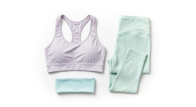Yoga clothing set with sports bra and leggings and headband on white