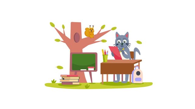 Animated cat teacher at outdoor school desk with math board and books