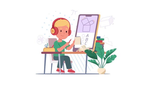 Animated child studying math at desk with tablet and school supplies