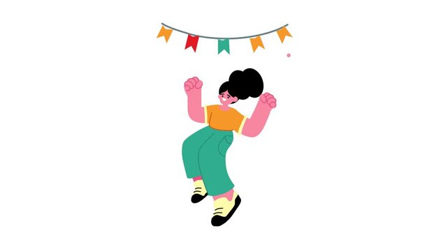 Happy woman dancing under festive bunting flags in flat animation