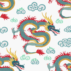 Fototapeta premium Dynamic seamless chinese dragon pattern with stylized clouds vector graphic asset.chinese background with dragon art