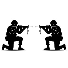 Naklejka premium Soldiers in combat stance with rifles, military silhouette