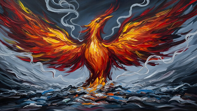 Spiritual phoenix rising from ashes symbol of rebirth and renewal in dark waters