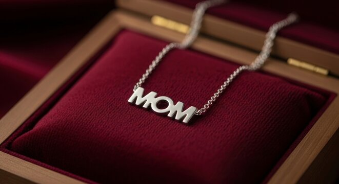 Silver MOM pendant necklace on red velvet jewelry box background