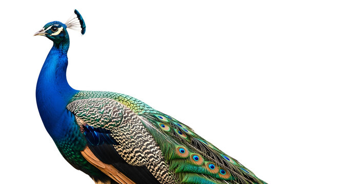 A vibrant peacock with stunning blue and green feathers isolated on transparent background