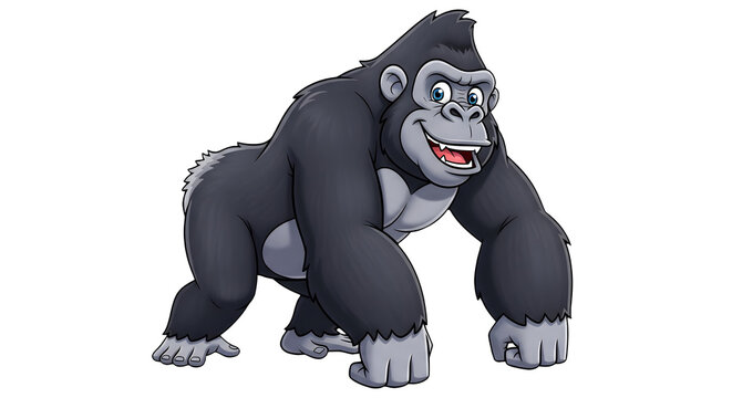 A cartoon illustration of a gorilla standing on all fours with a happy expression on its face isolated on transparent background