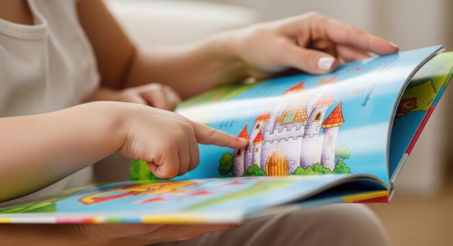 Child and adult reading a colorful illustrated book with a castle
