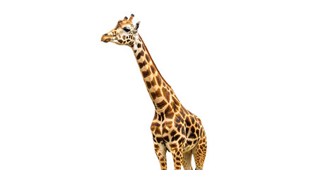 Obraz premium A giraffe standing isolated on transparent background looking to the left side