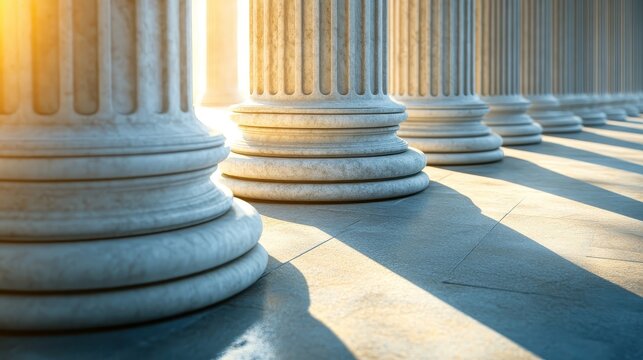 Majestic classical stone pillars of a government building in soft sunlight, representing law and justice