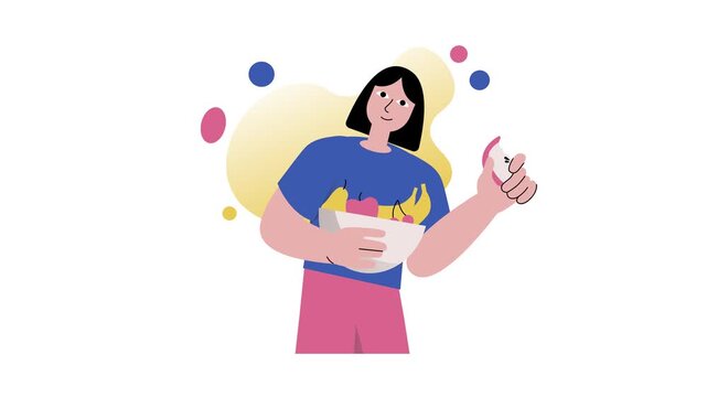 Flat vector animation of smiling woman holding fruit bowl and thumbs up