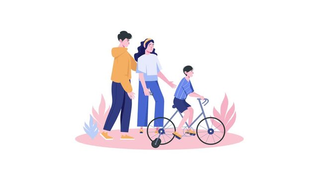 Animated family walking with child riding bicycle in park illustration