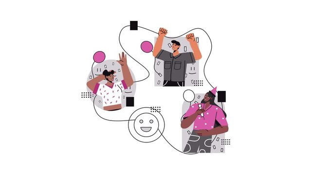 Animated diverse young people dancing with abstract party shapes