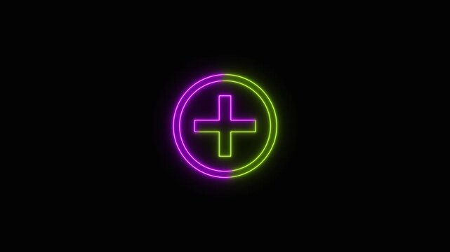 Glowing neon purple circle with green plus sign pulse animation on a black background, medical, add, new, interface, or technology