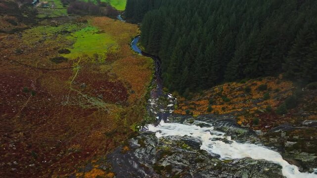 Mid-range drone shot of a waterfall framed by lush forest in Wicklow, creating a calm and immersive natural scene.