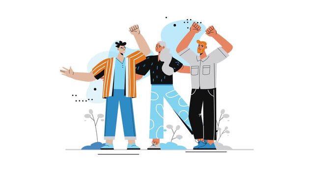 Animated diverse friends cheering with raised fists in flat vector style