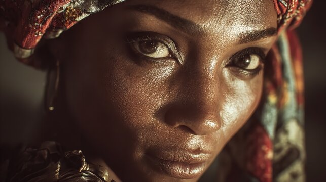 A serious black woman with artful hair and striking eyes looks directly at the camera in this beauty closeup focusing on her expressive face and skin