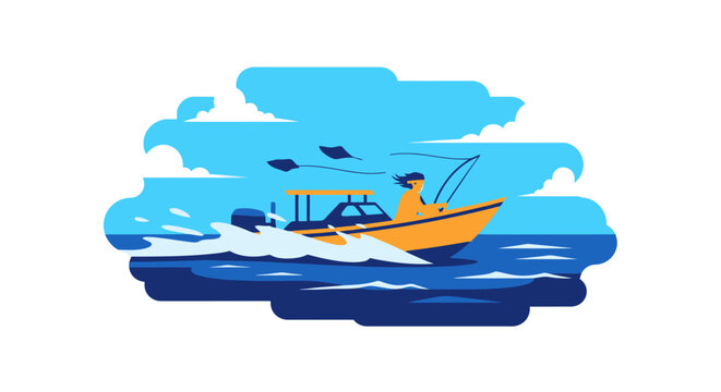 Fisherman on a boat in the open sea.