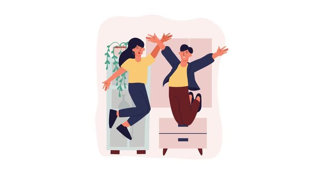 Cheerful couple jumping together in cozy home interior illustration
