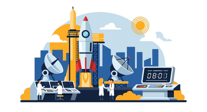 Rocket launch with control center and satellite dishes.