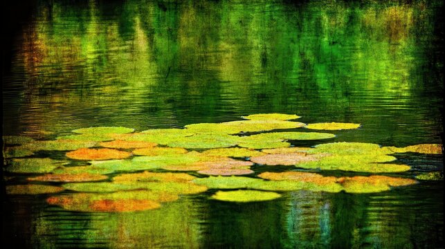 Vibrant algae bloom on a tranquil pond surface with reflections of lush green marshland and soft lighting