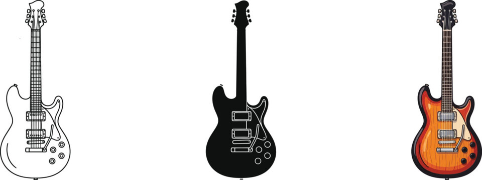 Collection of three distinct electric guitar illustrations one line art one solid silhouette and one colorful detailed graphic on white background