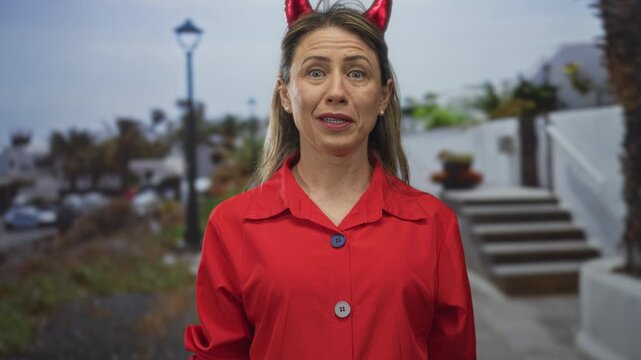 Woman with blonde hair wearing devil horns headband and red shirt points finger upward on street; playfulness.