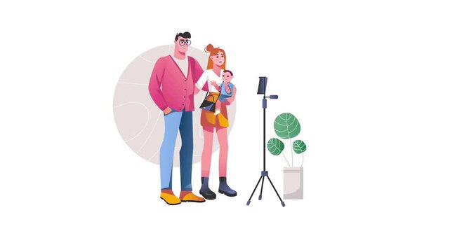 Animated family taking a selfie with smartphone tripod, flat vector illustration