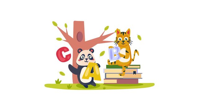 Cute cartoon panda and tiger learning ABC letters by tree and books animation