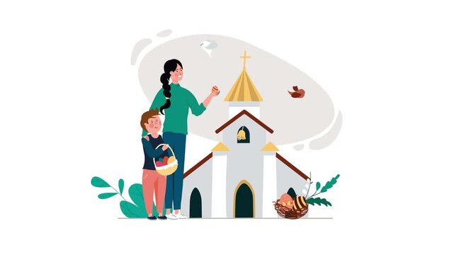 Animated Easter family with eggs beside church and spring birds