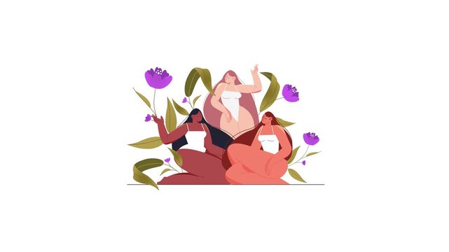 Three inclusive women sitting among flowers in flat vector animation