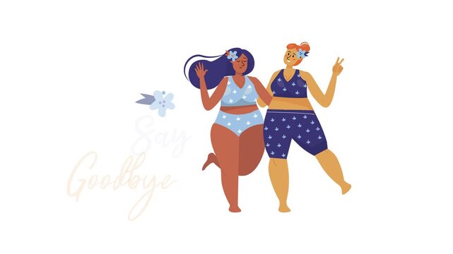 Animated style illustration of two diverse women in swimwear, friendship quote