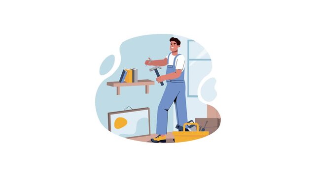 Animated handyman repairing a home interior with tools in flat vector style
