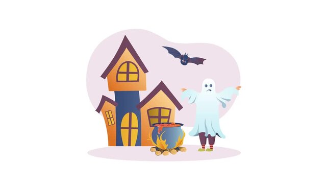 Spooky Halloween animation with haunted house, ghost and bubbling cauldron