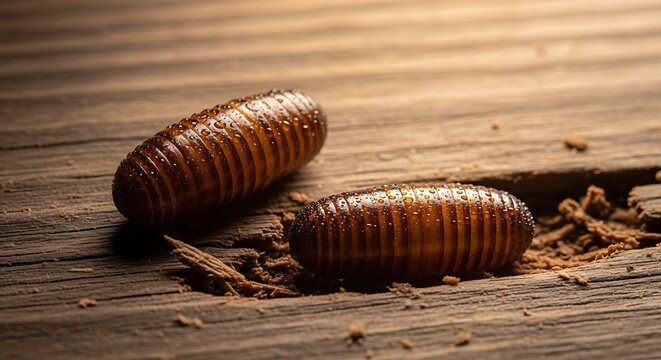 Close up of two pill bugs on wooden surface.