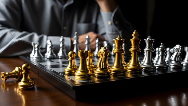 Chessboard with gleaming golden and silver pieces is set, while a person contemplates their next strategic move.