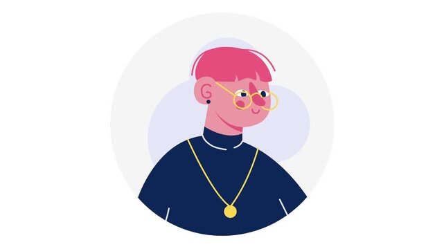 Animated style portrait of a young person with glasses and pink hair