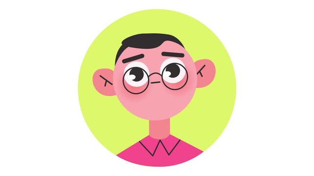Flat animated boy with glasses portrait on lime circle background