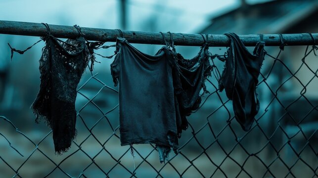 Torn, worn clothing hanging on a chain-link fence in an urban setting under overcast skies, symbolizing social issues of poverty and neglect.