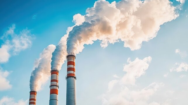 Towering industrial smokestacks release thick plumes of smoke into a clear blue sky, representing large-scale energy production.