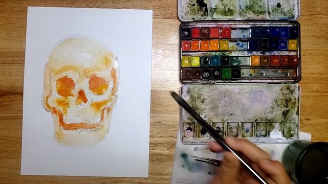 Watercolor Skull Painting Timelapse on Paper with Artist Palette