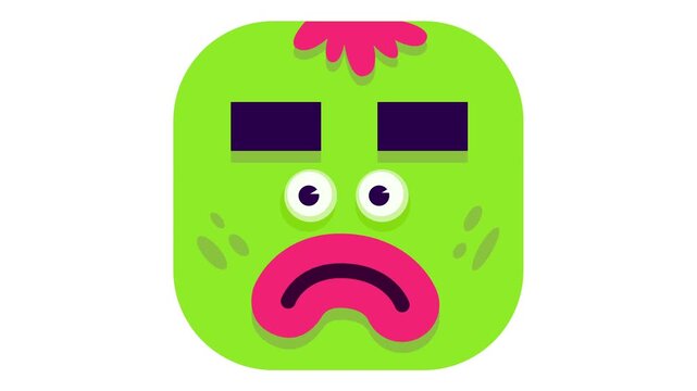 Animated sad green monster face illustration isolated on white background