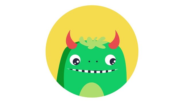 Cute green monster character animation with horns in yellow circle