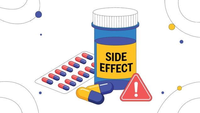 Medication side effects concept illustration with pill bottle warning label, capsules and tablets, pharmaceutical risk and healthcare caution