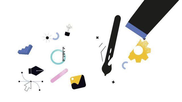 Animated abstract graphic design tools and icons on white background