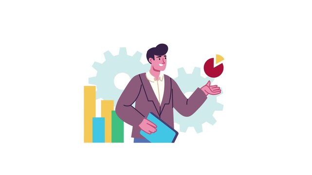 Businessman presenting analytics dashboard with gears and charts animation