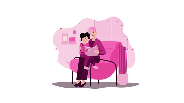 Mother and daughter reading together on pink sofa in cozy living room animation
