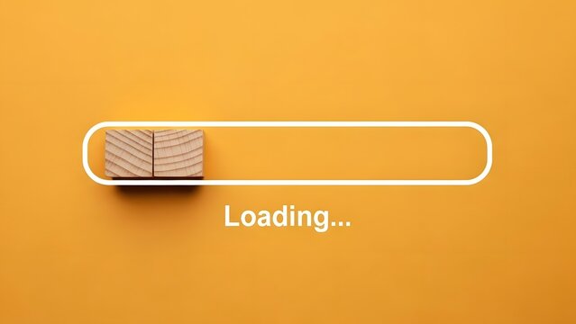 Wooden block progresses slowly along a digital loading bar on a vibrant orange background.