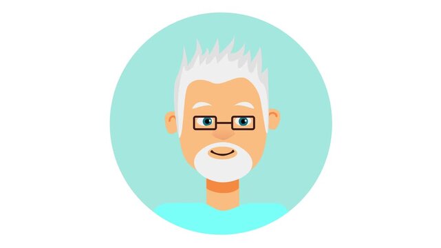 Flat animation of smiling elderly man avatar with glasses and white beard